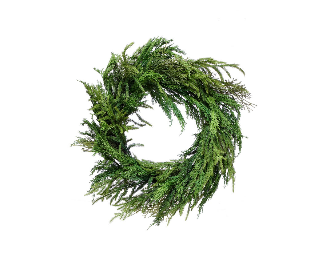 Real Touch Cypress/Norfolk Pine Wreath: 26”